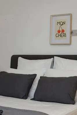 a bed with two pillows and a picture on the wall at Palais Riviera in Cannes