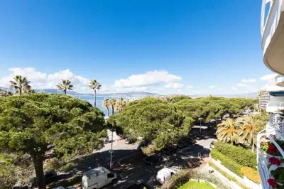 a view of a park with palm trees and the ocean at Résidence Vue Mer, Cannes Croisette, Au Pied Des Plages - Vue Mer, Cannes Croisette, au Pied des Plages MAE-1653 in Cannes
