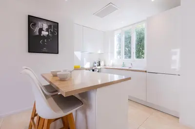 a kitchen with white cabinets and a wooden counter top at Résidence 3p De Style Avec Balcon à 3 Min De La Croisette - 3P de style avec balcon à 3 min de la Croisette MAE-2013 in Cannes