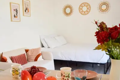 a living room with a couch and a table with fruit at Résidence Palm Beach Studio Avec Terrasse A 150m Des Plages - Palm Beach studio avec terrasse a 150m des plages MAE-2773 in Cannes