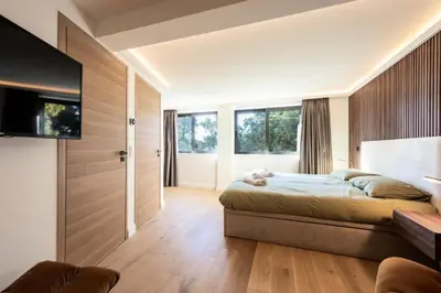 a bedroom with a bed and a tv and windows at Résidence 2p En Duplex De Standing Au Calme - 2P en Duplex de Standing au Calme MAE-3063 in Cannes
