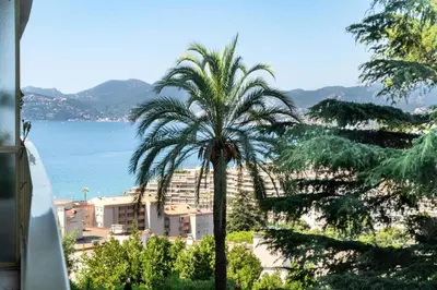 a palm tree in front of a building and the ocean at Résidence 3p Vue Mer, Piscine – Cannes Croix Des Gardes - 3P Vue Mer, Piscine – Cannes Croix des Gardes MAE-3273 in Cannes