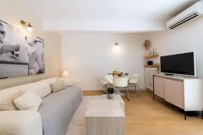 a living room with a couch and a flat screen tv at Résidence 2p Rez-de-jardin Au Calme – Cadre Paisible - 2P Rez-de-jardin au calme – Cadre Paisible MAE-3313 in Cannes