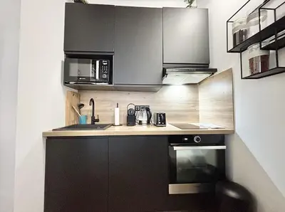 a small kitchen with black cabinets and a sink at Cannes One Bedroom Apartment - 85M in Cannes