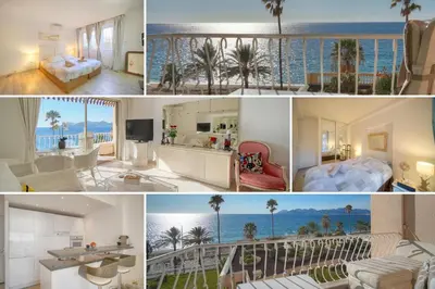 a collage of photos of a hotel room with the ocean at Cannes Sunset & Sea Apartment in Cannes