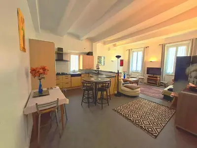 a kitchen and living room with a table and chairs at le Festivalier - spacieux, bien équipé, piéton in Cannes