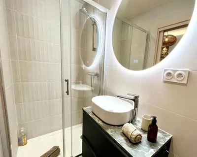 a bathroom with a sink and a shower with a mirror at Le Borniol in Cannes