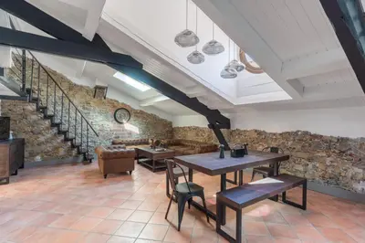 a living room with a vaulted ceilings and a mirror at Le Borsalino Loft avec Tropezienne Suquet Cannes in Cannes