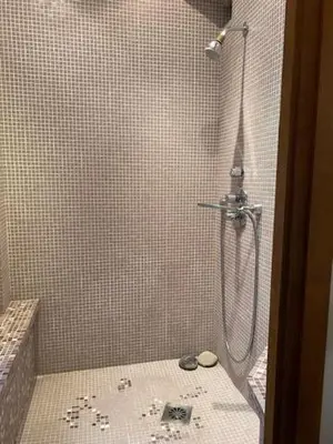 a bathroom with a shower with a tiled wall at Trois pièces Gallieni in Cannes