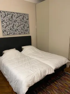 a bedroom with a white bed with a picture on the wall at Trois pièces Gallieni in Cannes