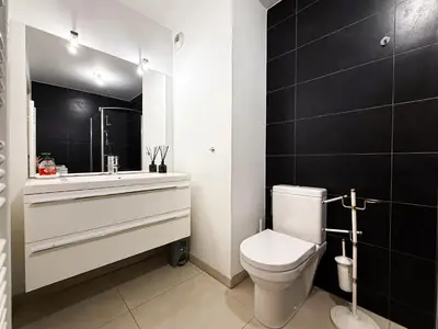 a bathroom with a toilet and a sink and a mirror at Charming Terrace Apartment with Garden Views - Cannes City Center in Cannes