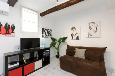 a living room with a couch and a tv at Volupte YourHostHelper in Cannes