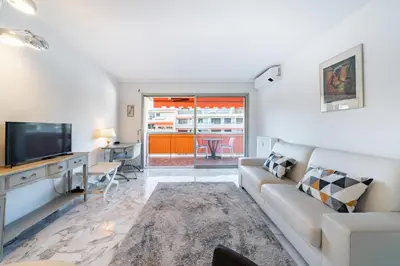 a living room with a couch and a television at 2 pièces à deux pas du centre ville de Cannes in Cannes