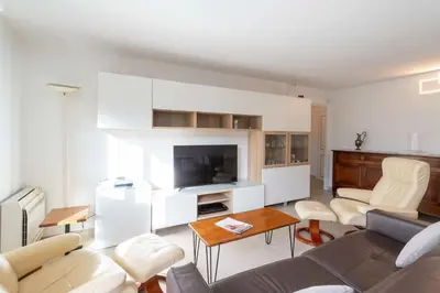 a living room with a couch and a tv at Ground-Floor 2 Br - Near Centre & Beaches in Cannes