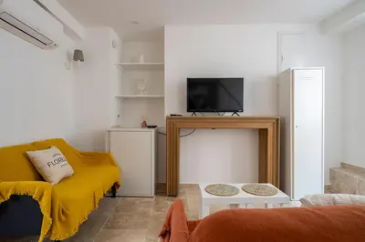 a living room with a couch and a tv at TINY HOUSE en duplex avec terrasse in Cannes