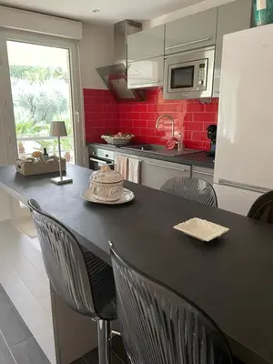 a kitchen with a black table with chairs and a refrigerator at Appartement au centre de Cannes à deux pas du festival in Cannes