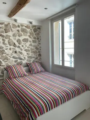 a bed in a room with a stone wall at Magnifique studio proche palais des festivals in Cannes