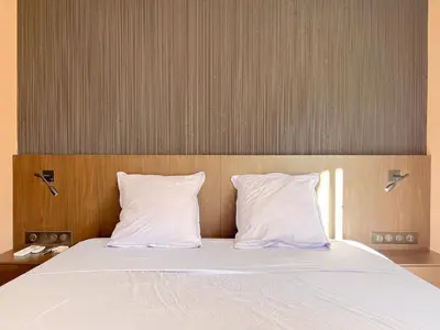 a bed with two white pillows and a wooden headboard at Croisette Luxury in Cannes