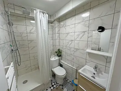 a bathroom with a toilet and a sink and a shower at Studio near Palais des Festivals in Cannes