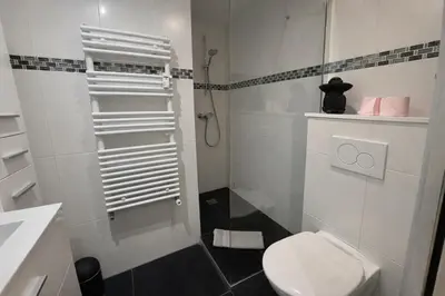 a white bathroom with a toilet and a shower at 2 pièces - Croisette in Cannes
