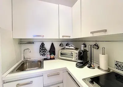 a kitchen with a sink and a microwave at Viva Riviera Cocoon Apartment Cannes Centre in Cannes