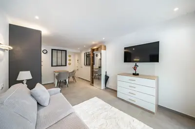 a living room with a couch and a flat screen tv at Charming bright studio with spacious outdoor area in Cannes