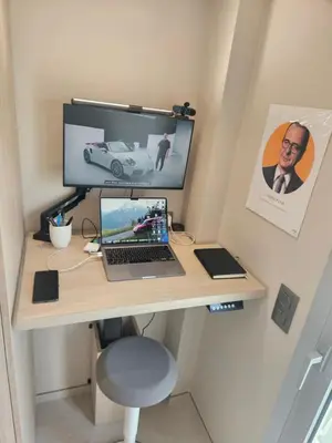 a desk with a computer monitor and a laptop on it at Superbe Cannes Palm Beach - Luxury renovation - 4 pers in Cannes