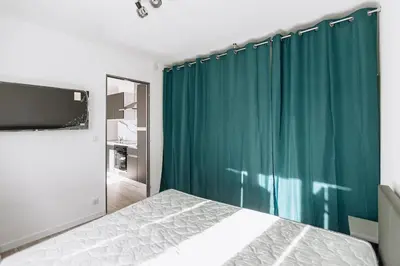 a bedroom with a bed and a green curtain at Cozy 2-bedroom apartment - Close to Palais, Croisette in Cannes
