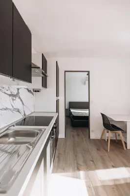 a kitchen with a sink and a bed in a room at Cozy 2-bedroom apartment - Close to Palais, Croisette in Cannes