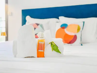 a white bed with a bottle of soap and towels at Terranova Cannes Terrace Accommodation in Cannes