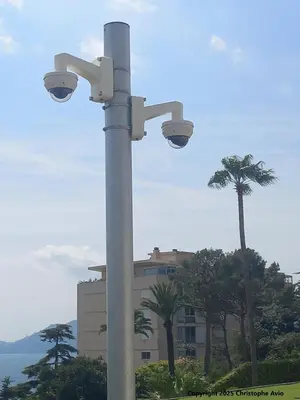 a street light with a building and palm trees at Cannes superbe appt 3 pces Wi-Fi Clim Piscine Vue sur les îles et les Paquebots in Cannes