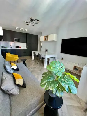 a living room with a couch and a tv at Heart of Cannes Azure Home in Cannes