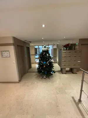 a christmas tree in the middle of a hallway at Carlton Exclusive - Elégant T2 au coeur de la Croisette in Cannes