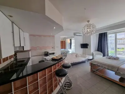 a room with a kitchen and a living room at Charming Studio near Croisette in Cannes