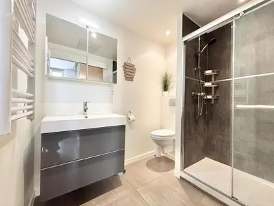 a bathroom with a shower and a sink and a toilet at Cannes one bedroom apartment - 12RP2 in Cannes