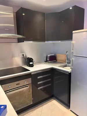 a kitchen with black cabinets and a stainless steel refrigerator at Studio Palais Rouaze-50m de la Croisette in Cannes