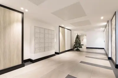 a hallway with a christmas tree in a building at Villa Lerins 401 by Halldis in Cannes