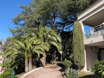 a walkway in front of a building with palm trees at CasaMia Cannes - Exceptional Sea View, Pool, Beach in Cannes