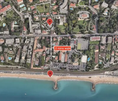 a map of a beach with two red dots at Quiet Beach Cannes in Cannes