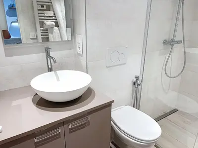 a bathroom with a sink and a toilet and a shower at Cosy & modern 1 Bedroom Forville old town 207 in Cannes