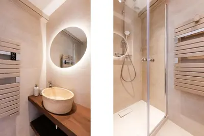 two images of a bathroom with a sink and a shower at Quartier Marriott - Superbe 3 pieces in Cannes