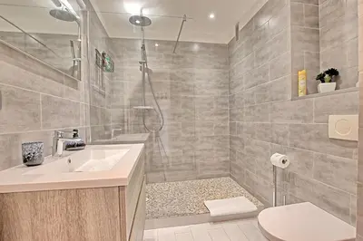 a bathroom with a shower and a sink at Appartement Vallombrosa proche Plages et Palais in Cannes