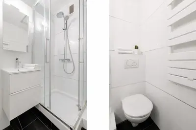 a white bathroom with a shower and a toilet at Le Palm - Croisette - Beach - Casino - Wi-Fi in Cannes