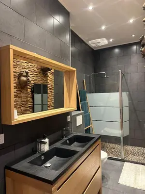 a bathroom with a black sink and a shower at Appartement moderne et chaleureux à 2 minutes du Palais in Cannes
