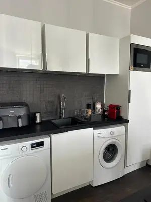 a kitchen with a washing machine and a sink at Appartement moderne et chaleureux à 2 minutes du Palais in Cannes