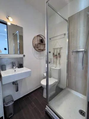 a bathroom with a shower and a toilet and a sink at Studio lumineux, Centre ville, Palais Festivals in Cannes