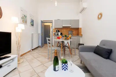 a living room with a couch and a table at Mouette YourHostHelper in Cannes