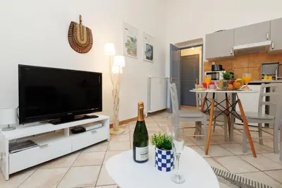 a living room with a television and a table with a bottle of wine at Mouette YourHostHelper in Cannes
