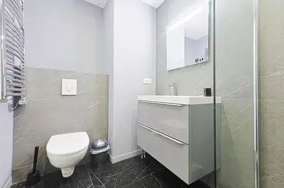 a bathroom with a toilet and a sink and a mirror at Hyper centre spacieux & lumineux proche Palais in Cannes
