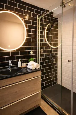 a bathroom with a shower and a sink and a mirror at Private Pool House , 10min Cannes in Le Cannet